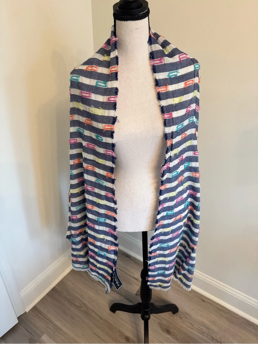 Fraas Navy Striped Scarf with Pink, Orange, Teal & Yellow Accents